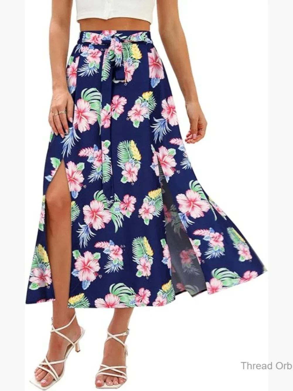 Maxi Skirt with Pockets High Waist Elastic Split Thigh Floral Tropical